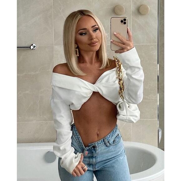 Pretty Little Thing White Satin Bardot twist front crop top women's blouse Sz 2 - Picture 3 of 12